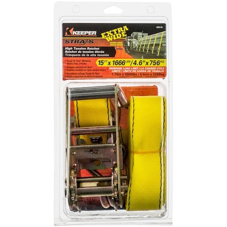 Keeper 15'X1-3/4" Ratchet Tie-Down, Dbl J-Hooks, 1,666Lbs WLL 5519